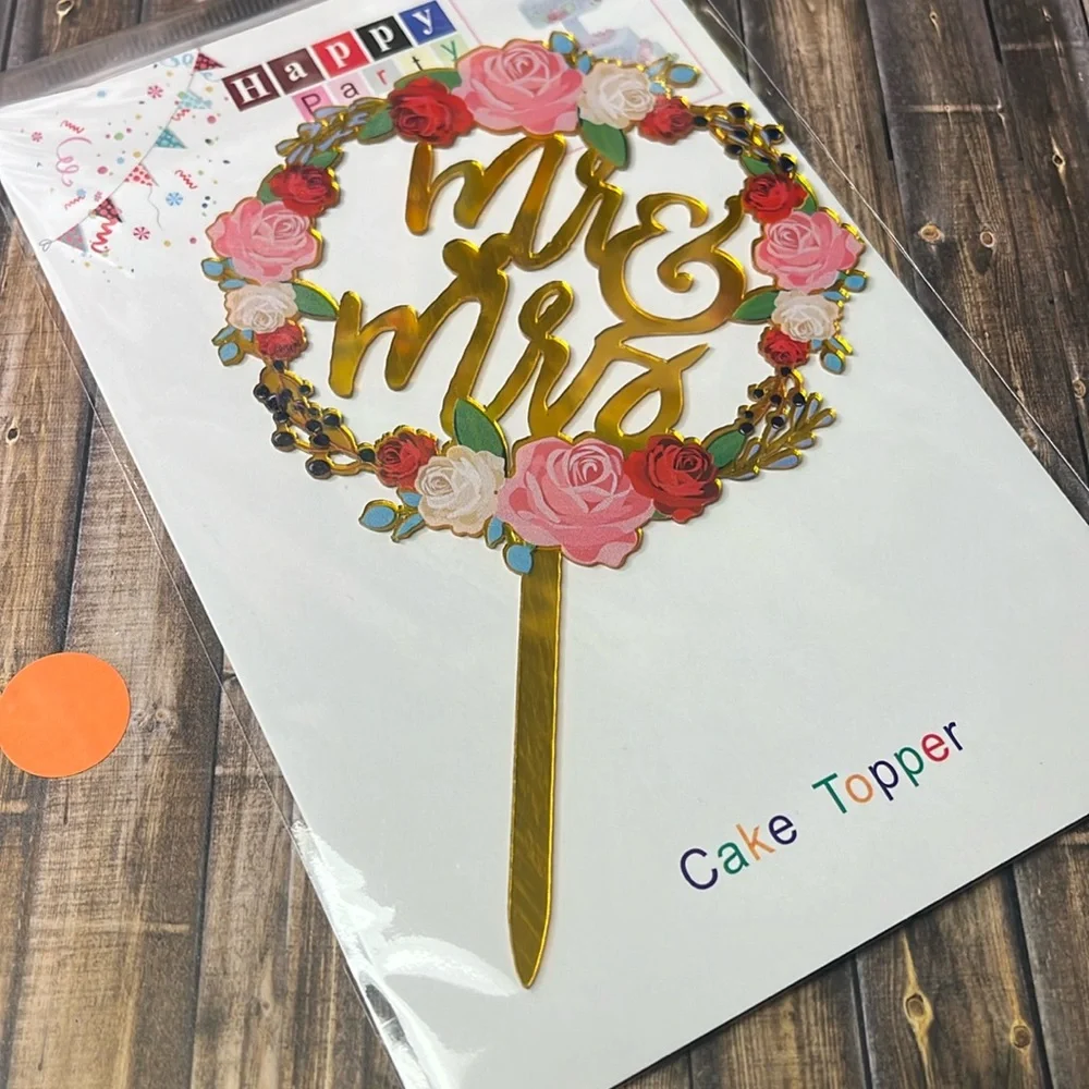 5for$10 Mr And Mrs Gold Floral Pink Rose Wedding Cake Topper NWT Party Supply